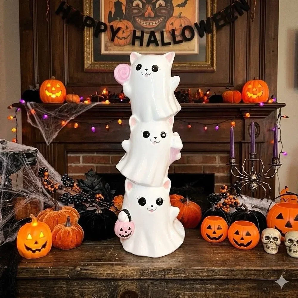 Cute Pastel Pink Halloween Ceramic Kitty Ghost Stack Figurine 13.5”H Tabletop